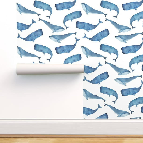 Wallpaper Roll Watercolor Whales Ocean Whale Sperm Blue Nautical 24in x 27ft 